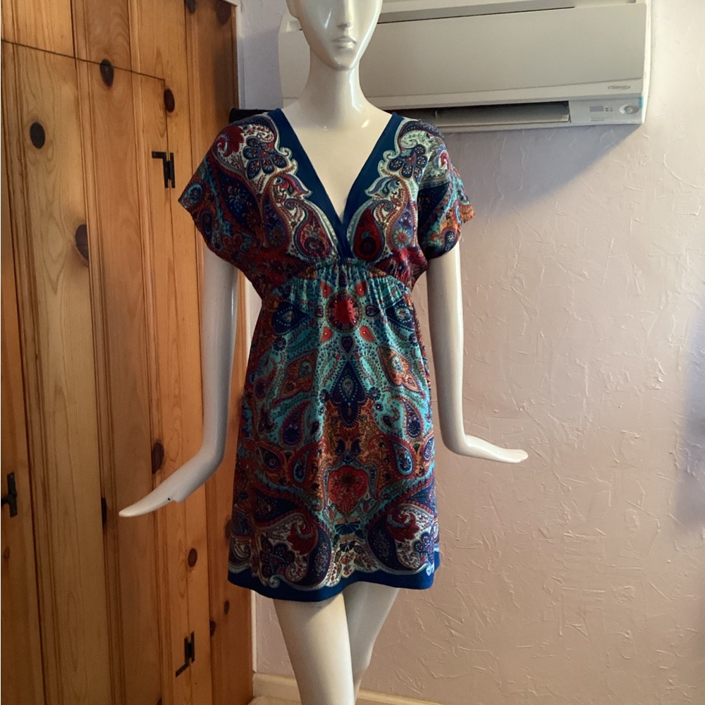 Angie Paisley V-Neck Mini Dress in Blue & Teal